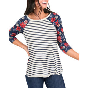 NWOT Three Hearts Long Sleeve Tee L White Navy Blue Floral Striped